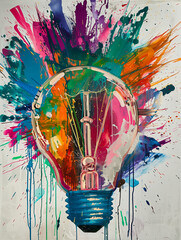 Colorful lightbulb on a white background with paint splashes