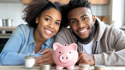 african american couple with a child are saving money in a piggybank. They need to think about the future of their child