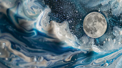 Ethereal moonlight marble ink dancing amidst a serene abstract canvas, shimmering with glitters in silver and blue hues.