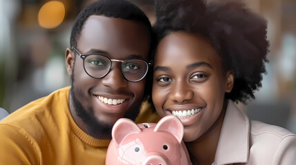 person holding piggy bank, african american couple with a child are saving money in a piggybank. They need to think about the future of their child