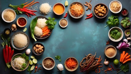 Asian cuisine background, top view, with different ingredients on a rustic stone background. Thai or Vietnamese food