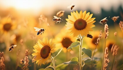 fleißige Bienen in einen sonnenblumenfeld. 