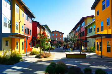 A serene late morning landscape featuring a row of contemporary townhouses with geometric designs and rooftop gardens, set against the backdrop of a calm, urban park.