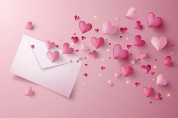 Paper sheet and hearts flying on pink background. Vector symbols of love, glowing lights for Happy Mother's, Valentine's Day, birthday greeting card design