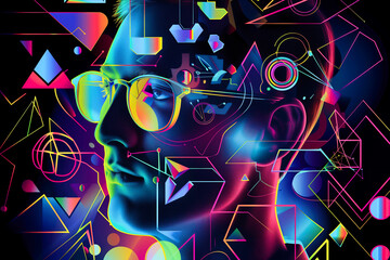 Portrait of a young man with glasses. Multicolored geometric background.
