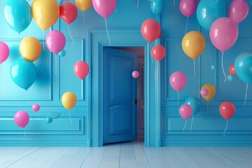 Cute 3D render of colorful balloons floating through blue door	