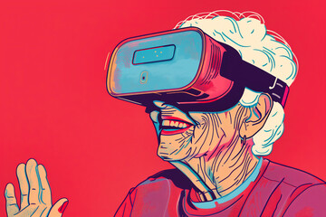 Elderly woman wearing virtual reality glasses. Colorful illustration.