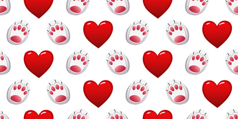 A pattern of hearts and paw prints on a white background. For fabric, wallpaper, wrapping paper, packaging. Vector illustration. - obrazy, fototapety, plakaty