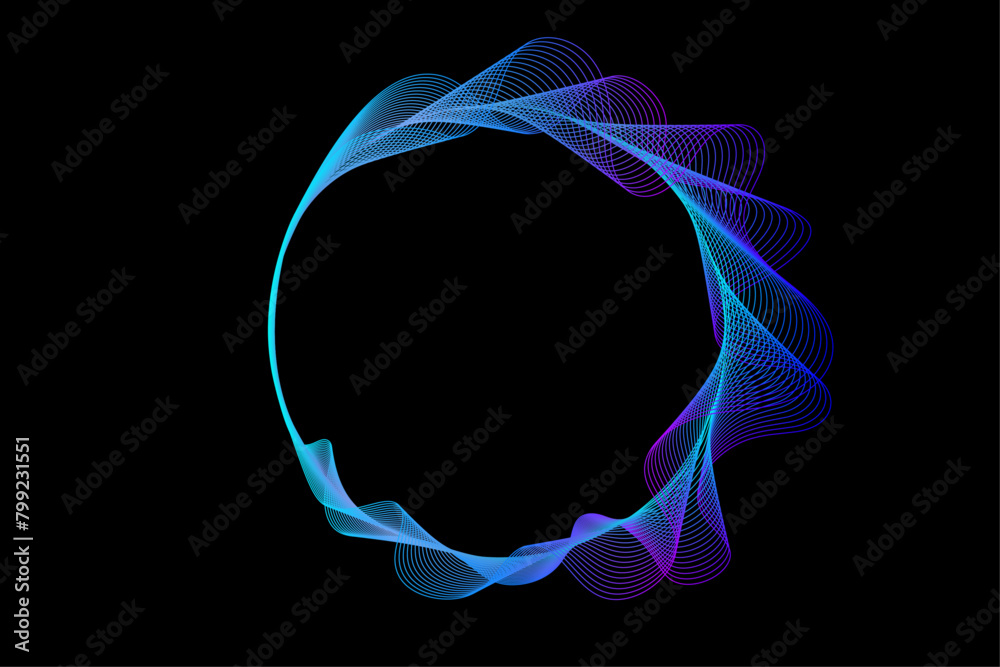 Poster abstract round frame with wavy blue purple lines. flowing smoky gradient circle shape isolated on bl