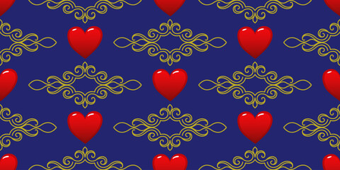 Golden ornament with red hearts on a blue background. For fabric, wallpaper, wrapping paper, holiday packaging. Vector illustration.
