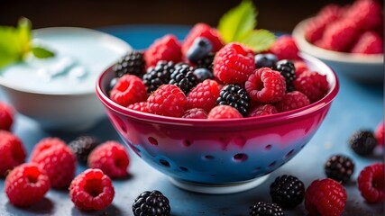 A close-up of a mouthwatering bowl of fresh, sweet, ripe, organic red raspberries with blue liquid milk in the center of the table, accompanied by other berries of various varieties sitting on the tab