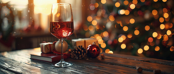 Coffee table with a glass of wine and a book against the background of a blurry Christmas tree with a pile of wrapped gifts and a fireplace with a kindled fire in the living room on a sunny day.  - obrazy, fototapety, plakaty