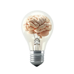 Light bulb with brain 3D render icon isolated on white, transparent background, PNG