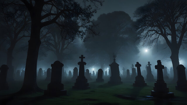 a spectral figure in period clothing haunting an old cemitery