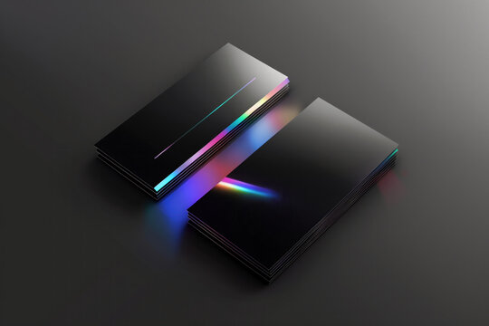 A modern mockup of a business card, technology-oriented, with a black background and a holographic effect. Suitable for high-tech industry professionals