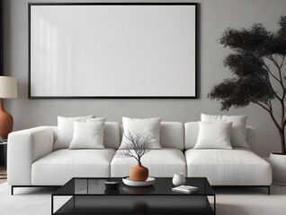 Mockup poster frame on the wall of minimal living room, home interior mockup, frame mockup