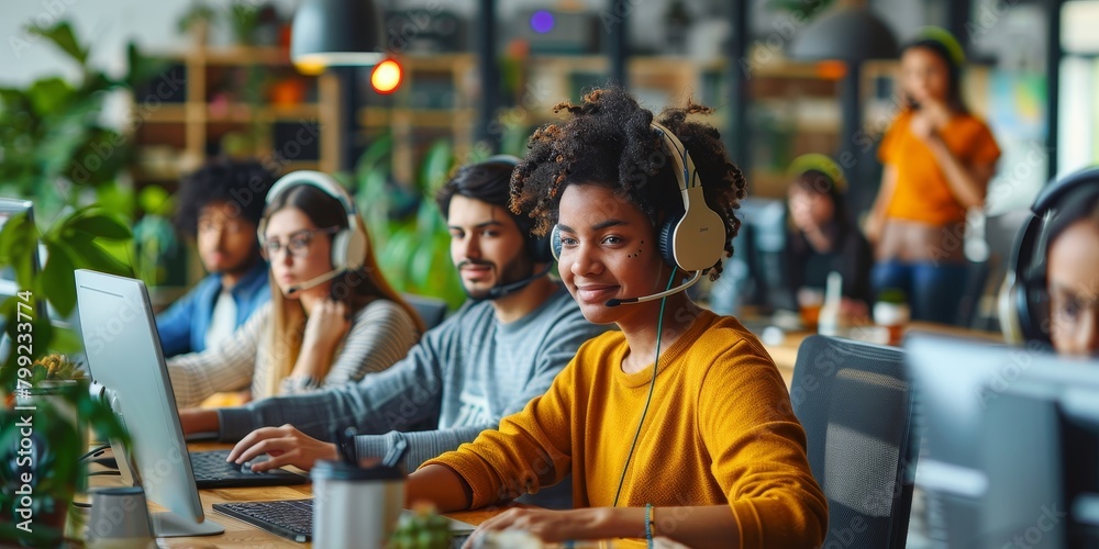 Wall mural Group of diverse technical customer support team wearing headsets working at call centre, Generative AI