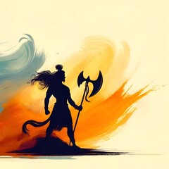 Illustration for parshuram jayanti with silhouette of lord parshuram with axe.
