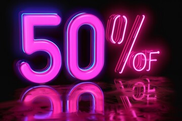 Futuristic 50% Off Neon Sign for Cyber Sale, Illuminated Discount Promotion in a Digital Environment