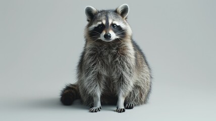 Raccoon sitting calmly on grey.