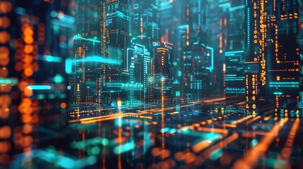 Futuristic Cityscape with Holographic Data Streams Generative AI