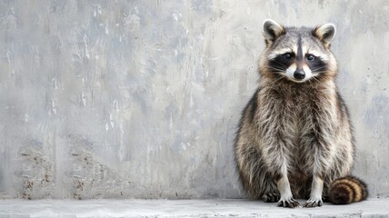 A raccoon sitting against a concrete backdrop.