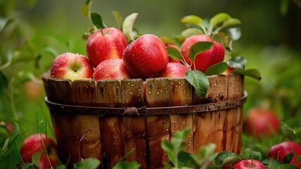 Fresh dewy red apples in a rustic wooden basket.