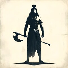 Vintage illustration of a lord parshuram silhouette with axe for parshuram jayanti celebration.