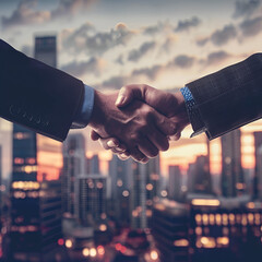 Business agreement contact, handshake in the city, partnership handshake, businness innovation handshake picture overlay wwith cityscape concept
