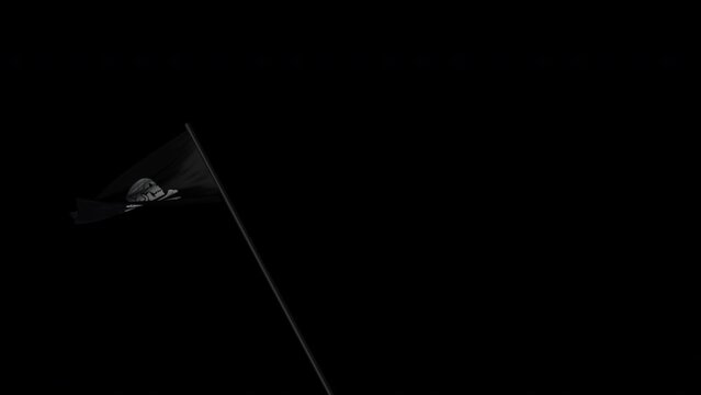 This stock motion graphics video shows a black pirate flag waving on an alpha channel background.