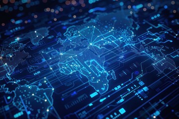 A blue screen with a map of the world and a lot of dots. The dots are connected to each other and the map is in a computer screen