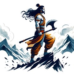 Watercolor illustration for parshuram jayanti with a lord  parshuram on mountain top holding axe.