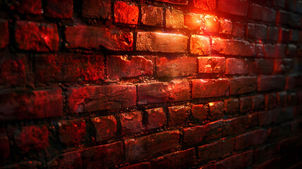 Warm Glowing Light on Red Brick Wall, Textured Background in Dark Ambiance, Dramatic Lighting on Rough Surface, Spotlight Effect with Copyspace