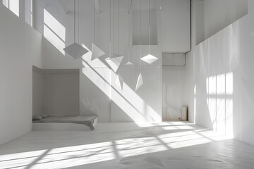 Obraz premium Minimalistic White Bedroom: Geometric Light Fixtures in a Clean, Bright Indoor Space