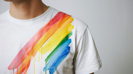 Close-up of a young man's torso wearing a white t-shirt featuring a hand-painted rainbow flag on the left side, set against a white background with ample copy space, celebrating Gay Pride Day.
