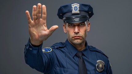 Fototapeta premium Commanding Police Officer in Uniform Giving Stop Gesture, Authority and Law Enforcement in Action