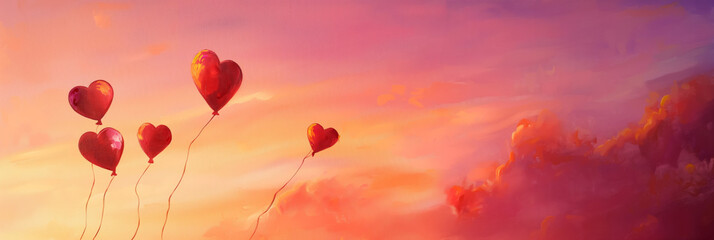 The artwork captures three red heart-shaped balloons ascending into a purple sunset sky, symbolizing freedom and love