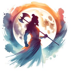 Watercolor style illustration for parshuram jayanti with a silhouette of parshuram holding an axe against a full moon background.