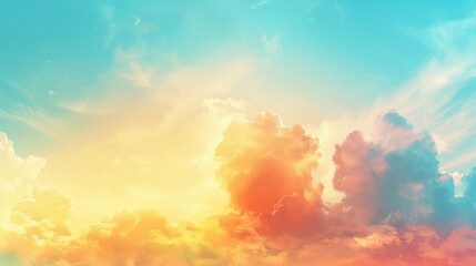 A bright blue sky with a few clouds and a yellow sun. The sky is filled with a variety of colors, creating a vibrant and cheerful atmosphere