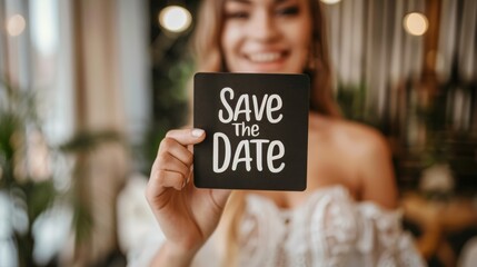 Joyful Bride with Save the Date Card, Excitement for Upcoming Wedding Celebration, Elegant Handwritten Announcement