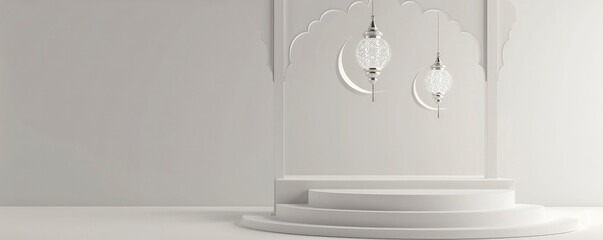  podium ramadan islamic background with white lantern and crescent moon hanging on the white background