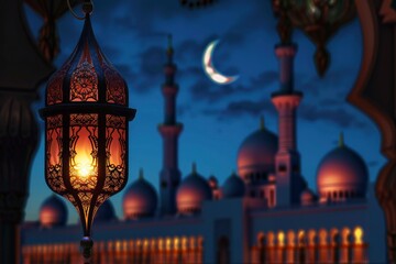an ornamental lantern with crescent moon on the background of mosque silhouette at night, ramadan concept