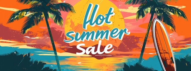The sun is setting behind palm trees on one side of the page, creating a dramatic effect. The text hot summer sale