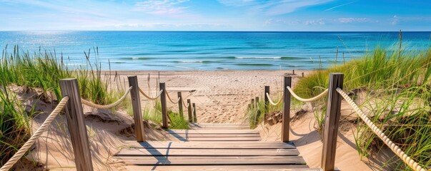 A wooden staircase leads to the beach, surrounded by sand dunes and green grasses under clear blue skies.