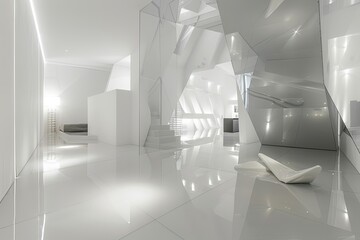 Minimalist White Room with Reflective Floors: A Monochromatic Spa Experience