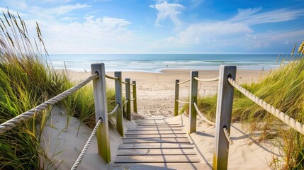 A wooden staircase leads to the beach, surrounded by sand dunes and green grasses under clear blue skies.