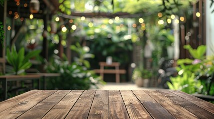 Empty wooden table top with blur background of green garden and coffee shop interior