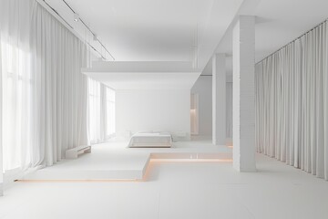Minimalist White Loft: Clean Interior Geometry in Serene Bedroom Museum