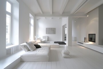 Minimalistic White Interior Decoration: Modern Loft Living Room Concept