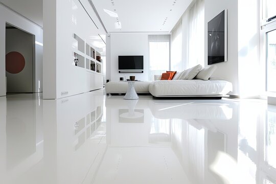 Bright White Loft: Modern Gallery Room with Reflective Epoxy Flooring